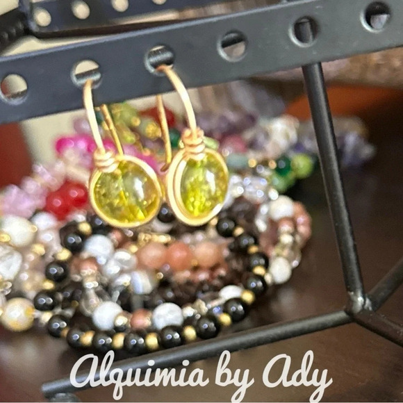 Lemon yellow Tourmaline spheres dangle drop gold spheres earrings - Picture 3 of 9